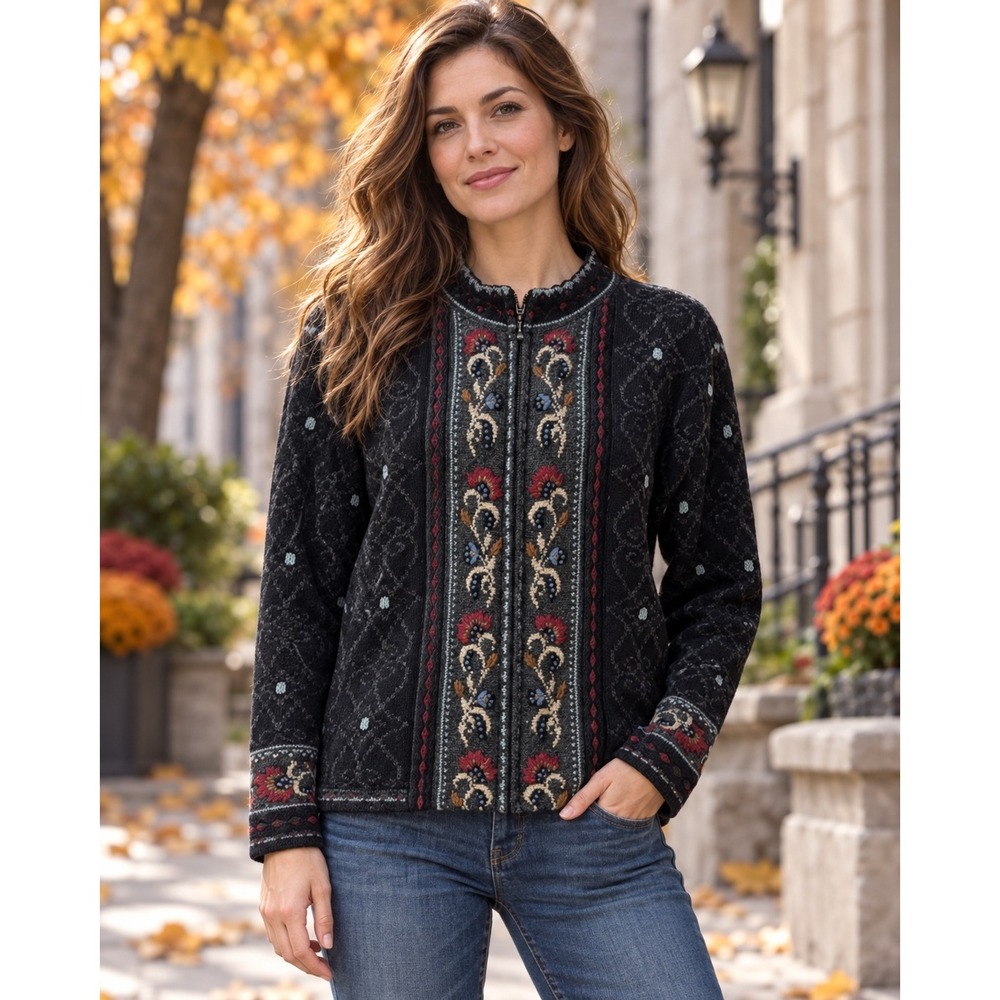 Vintage Mac Duff Shetland Wool Floral‎ Embroidered Zip Cardigan Medium